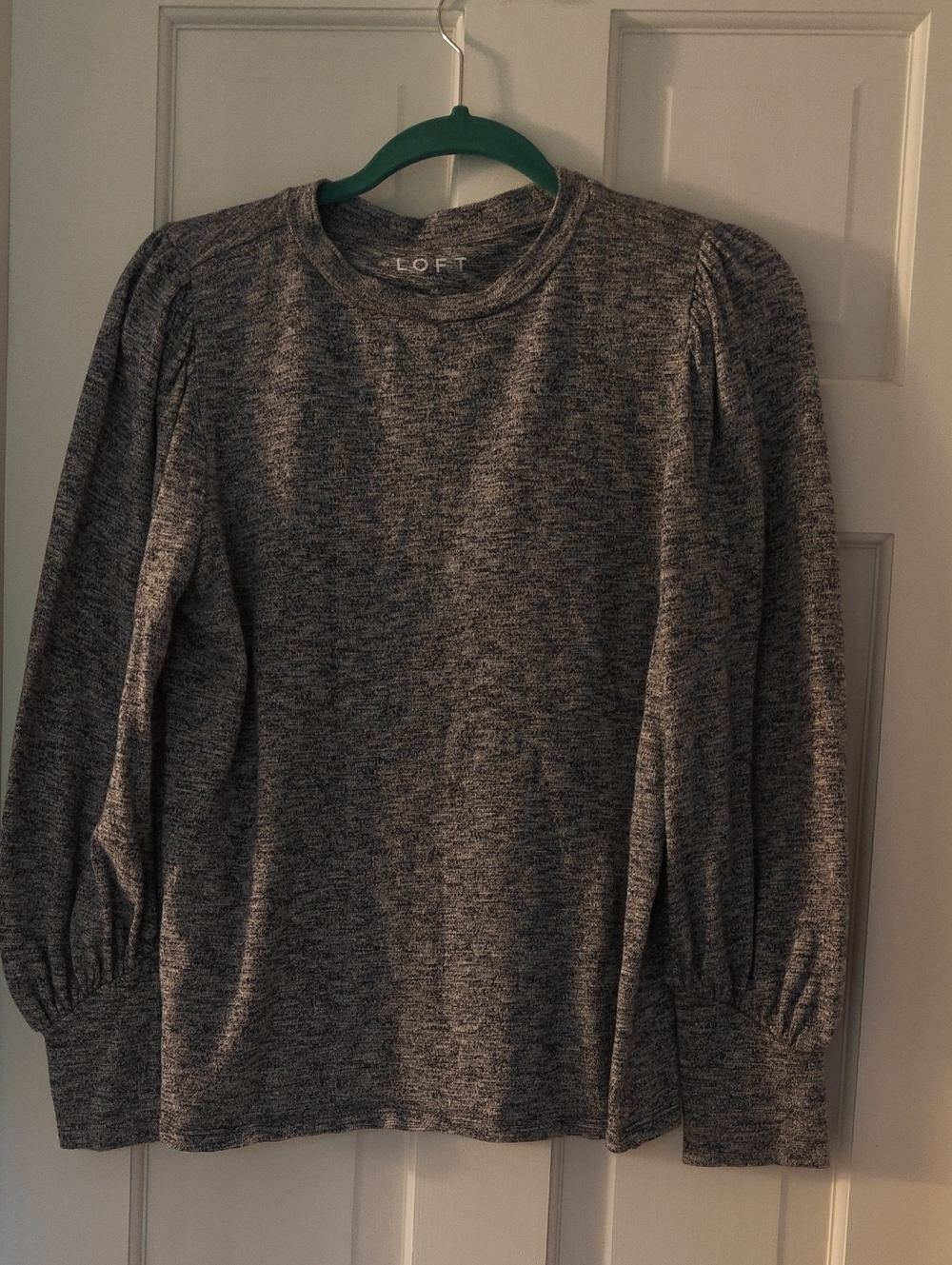 LOFT Gray Marled Crewneck Sweater with Puff Shoulders Size M